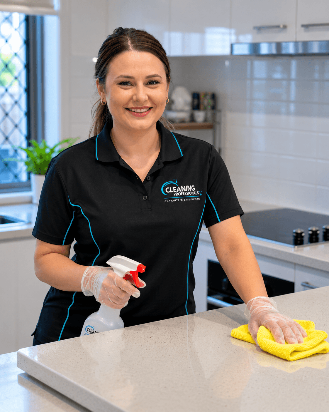Professional NDIS cleaner wiping kitchen counter during a house clean in Sydney