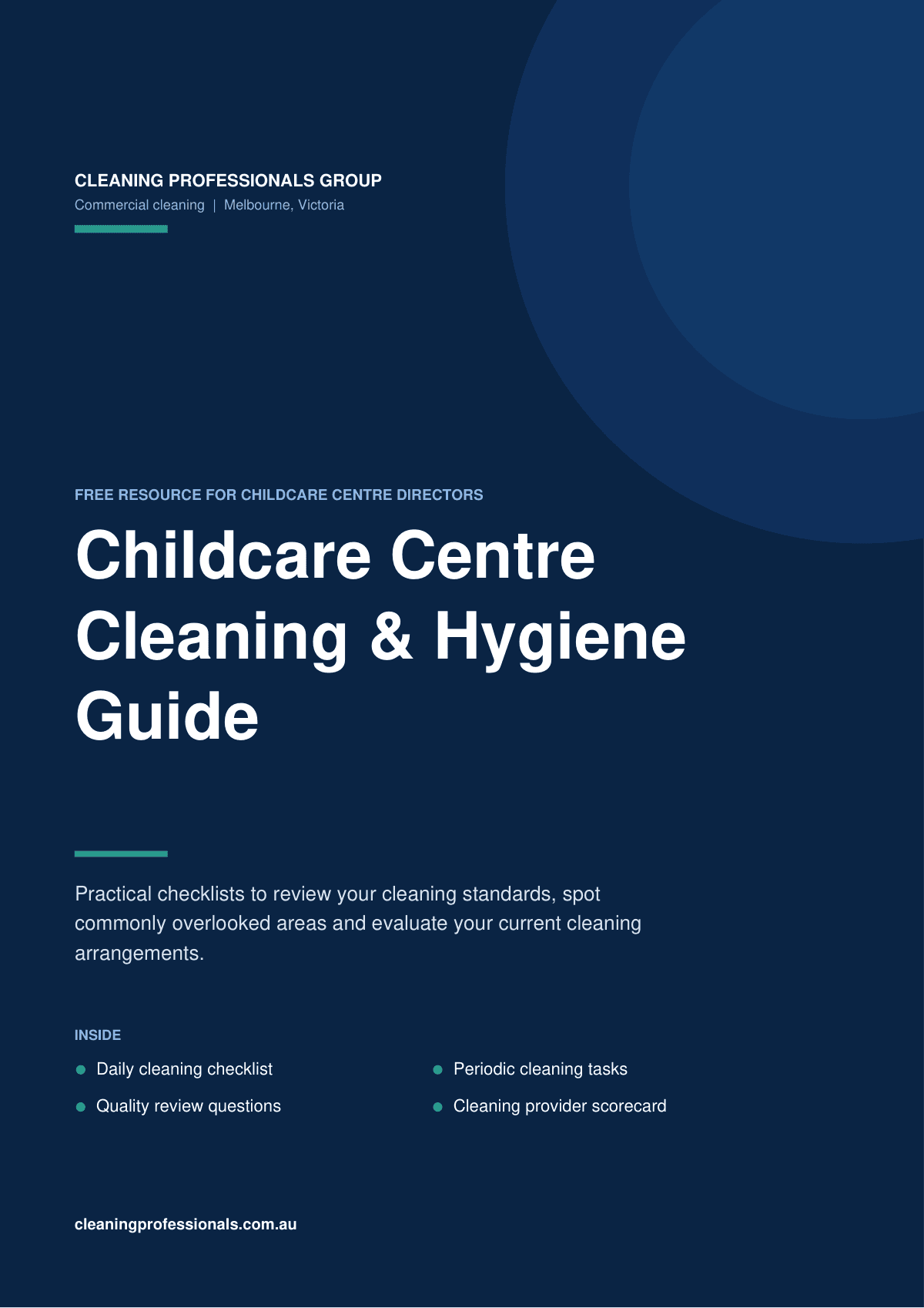 Cover of the Childcare Centre Cleaning & Hygiene Guide by Cleaning Professionals Group, listing a daily cleaning checklist, periodic cleaning tasks, quality review questions and a cleaning provider scorecard