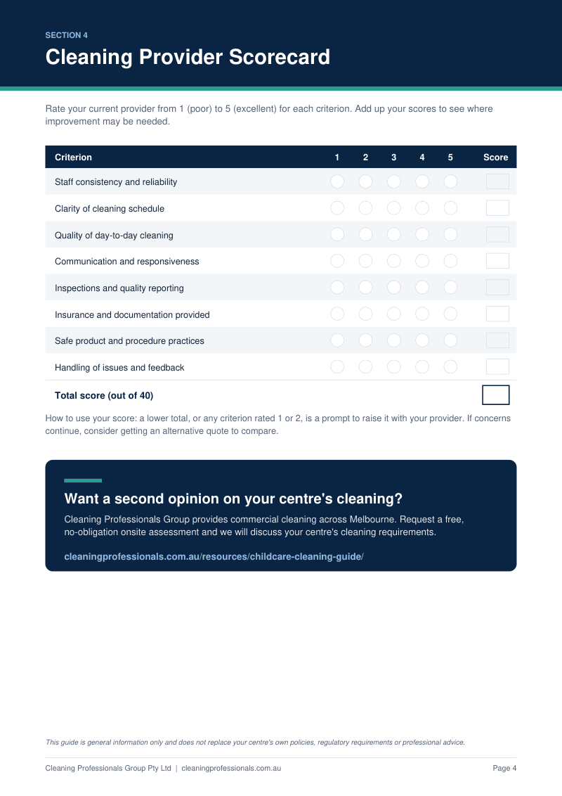 Preview of the guide page: Cleaning provider scorecard