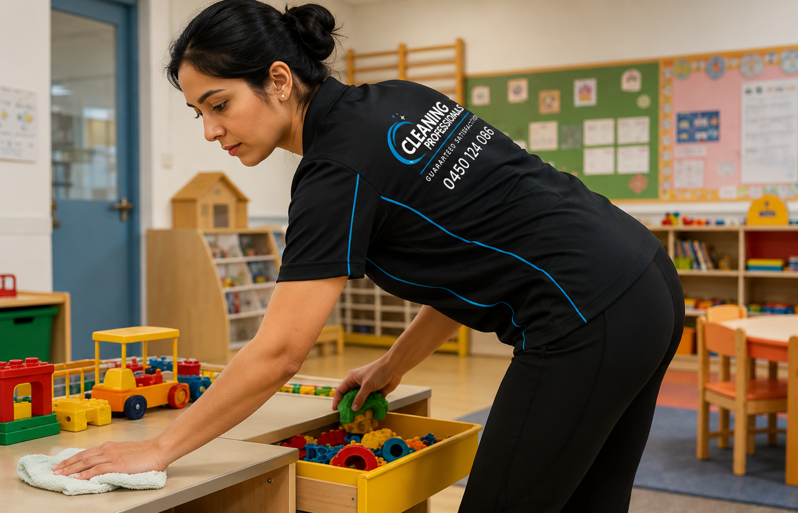 Professional childcare cleaner sanitising toys and surfaces in Melbourne early learning centre