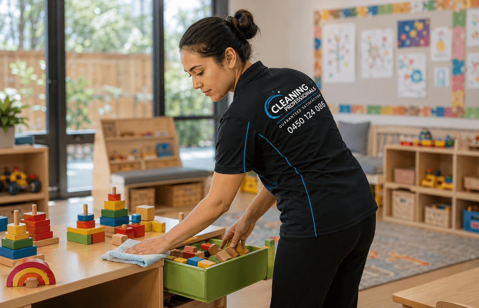Professional childcare and kindergarten cleaning service in Sydney - cleaner sanitising toys and surfaces