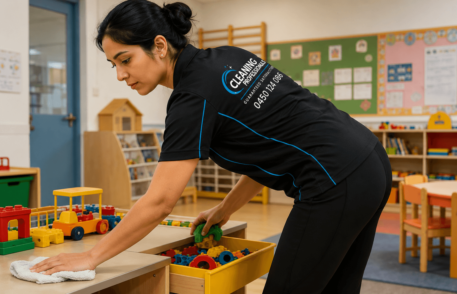 Professional childcare cleaner sanitising toys and surfaces in Sydney early learning centre