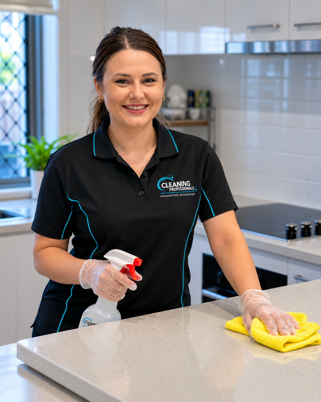 Professional NDIS cleaner wiping kitchen counter during a house clean in Melbourne