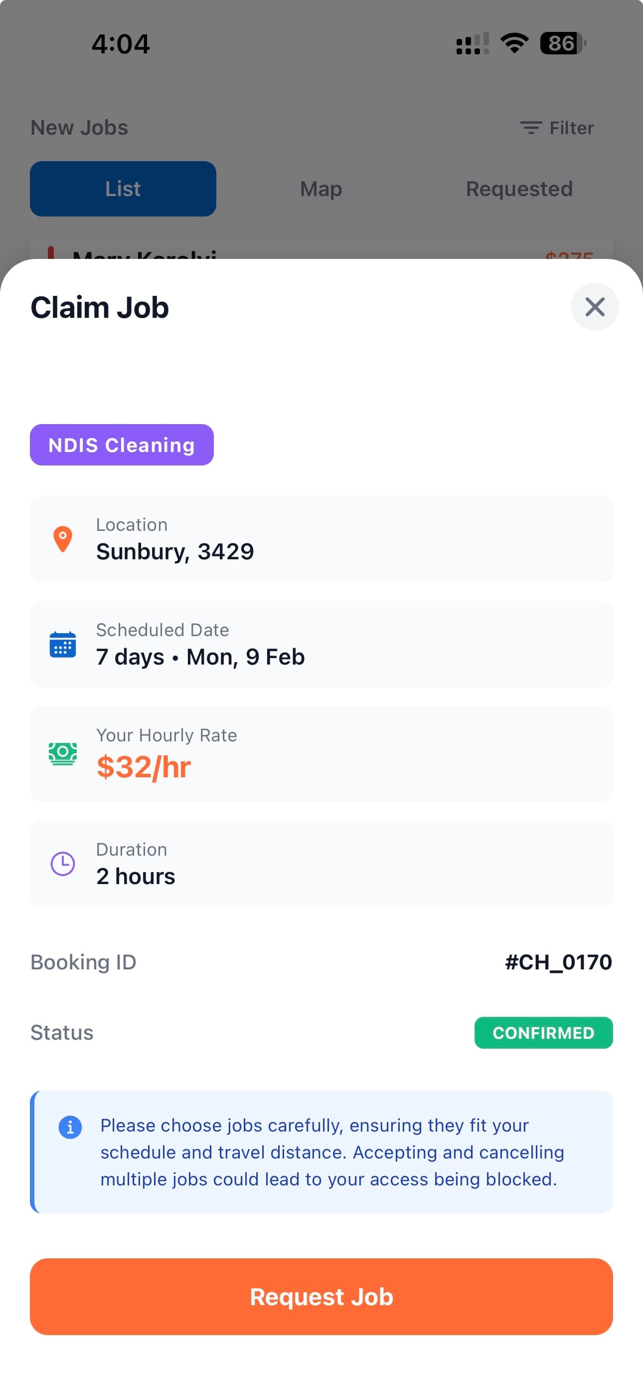 CleaningP app — job details screen