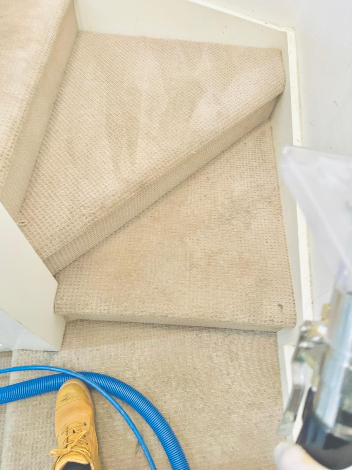 Stairs and high-traffic carpet area cleaned to inspection standard after end of lease steam cleaning